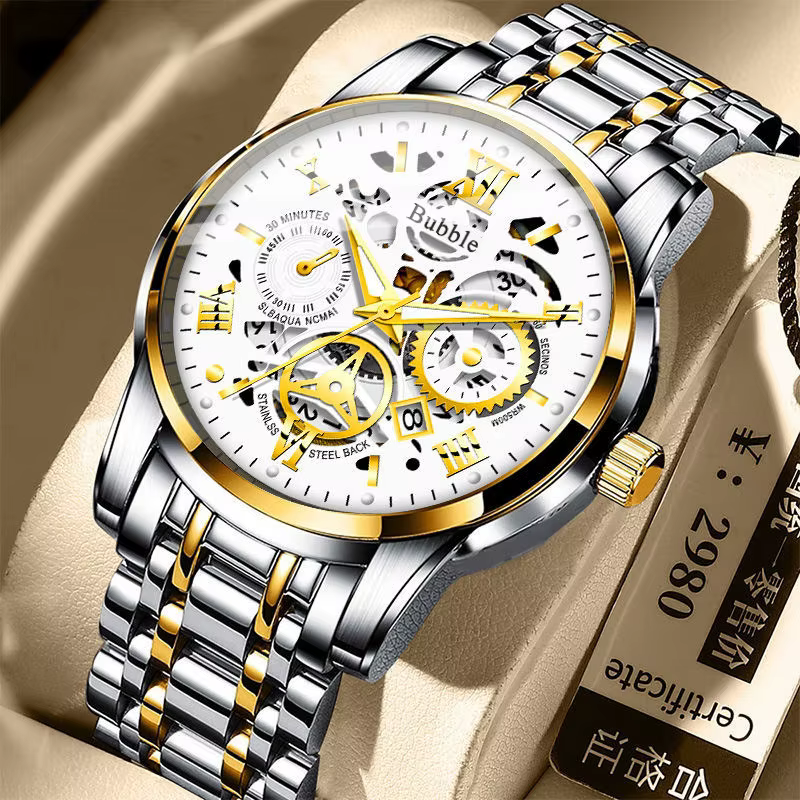 Relógio Bubble Skeleton Aro Dourado · Mostrador Branco